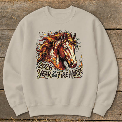 Crewneck sweatshirt with 2026 Year of the Fire Horse graphic on beige background.