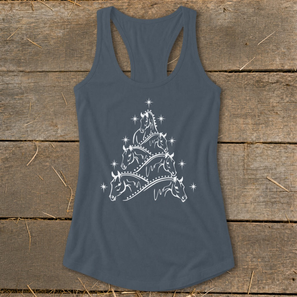 Dark gray racerback tank top with a white Christmas tree made of horse heads.