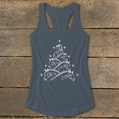 Dark gray racerback tank top with a white Christmas tree made of horse heads.