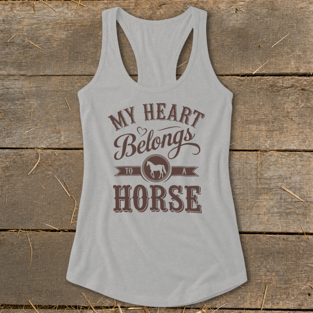 Grey tank top with "My Heart Belongs to a Horse" graphic.