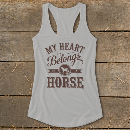 Grey tank top with "My Heart Belongs to a Horse" graphic.
