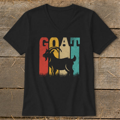 Black t-shirt with retro goat graphic and "GOAT" text.