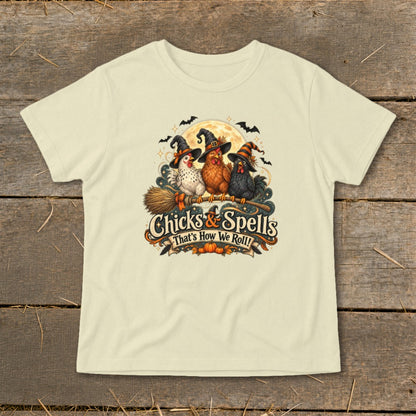Three witchy chickens on a broomstick with text "Chicks & Spells That's How We Roll!".