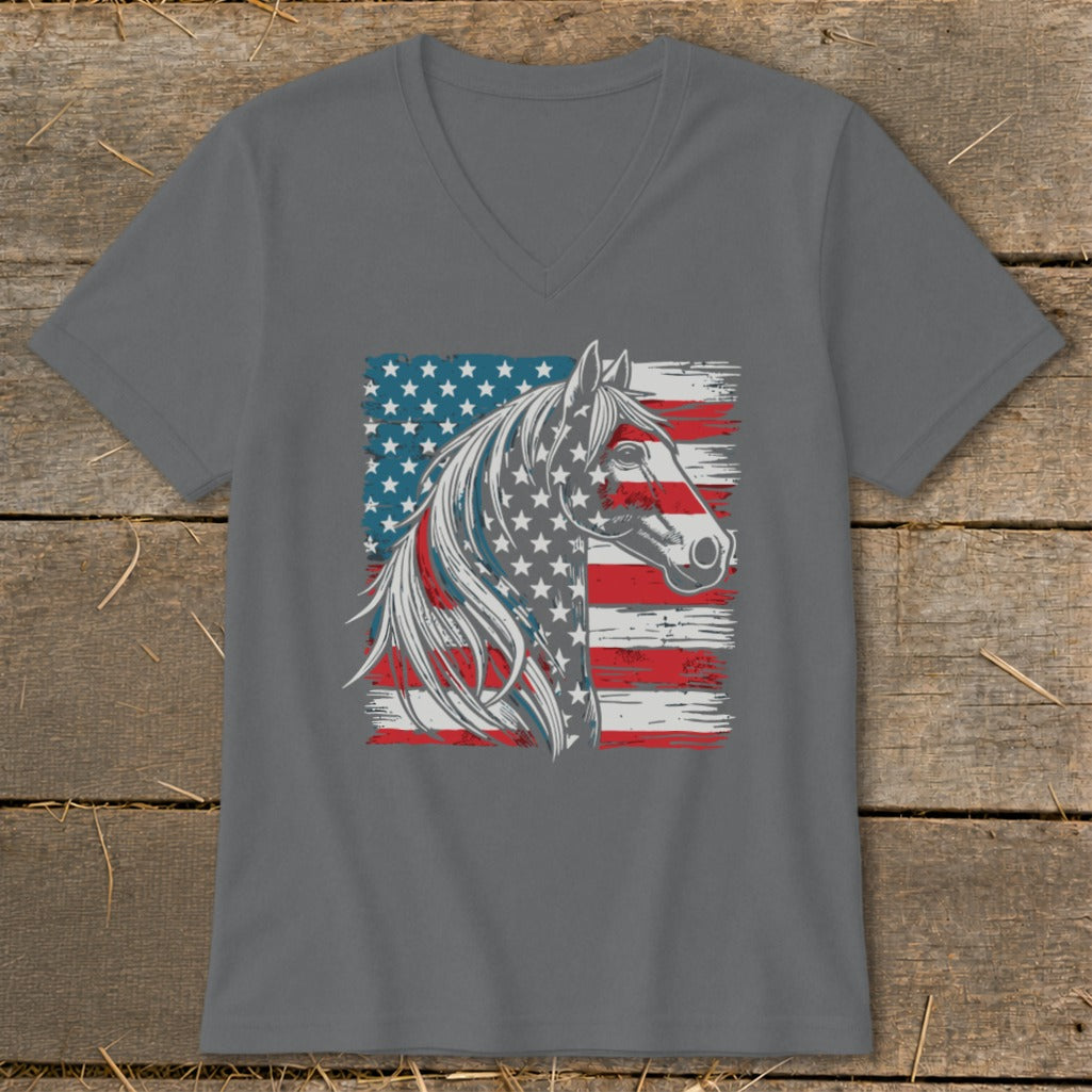 Horse head with American flag design on a grey t-shirt.