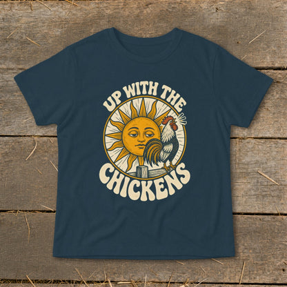 Dark blue t-shirt featuring a retro graphic of a sun, a rooster, and the text Up With The Chickens.