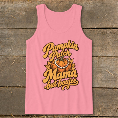 Pink tank top with "Pumpkin Patch Mama but boujee" text and a pumpkin.