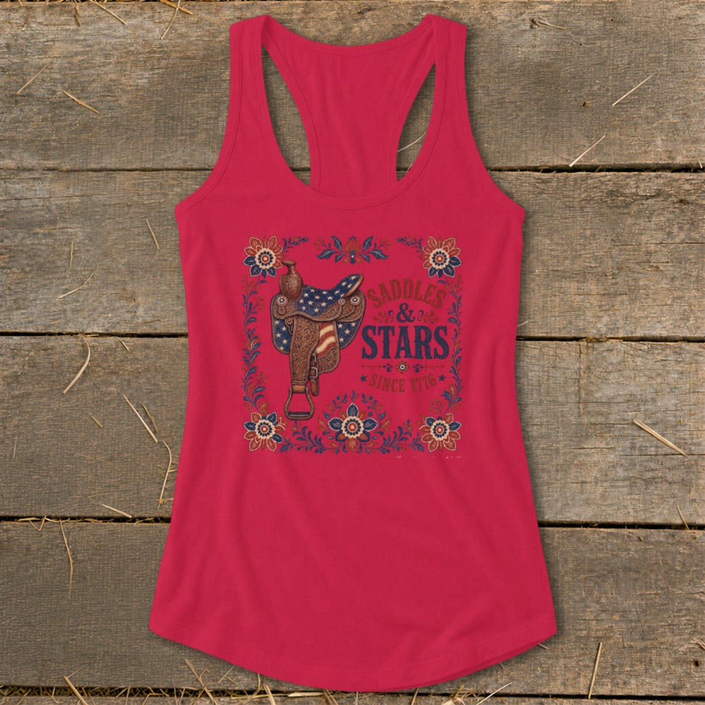 Pink tank top with "Saddles & Stars Since 1776" text and saddle graphic.