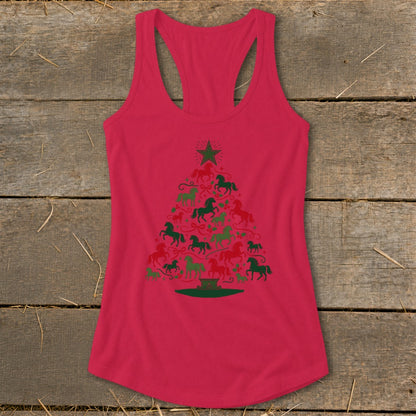 Red tank top with a Christmas tree made of red and green horses.
