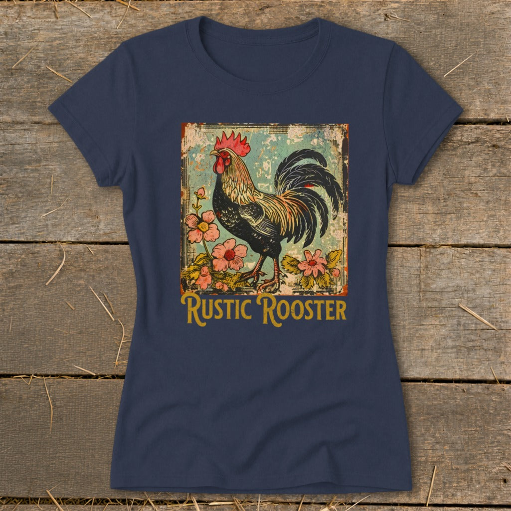 T-shirt graphic of a rooster with flowers and text that reads "Rustic Rooster."