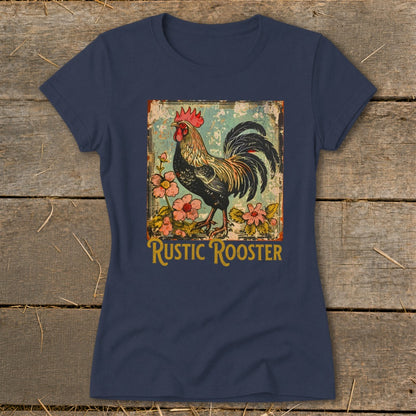 T-shirt graphic of a rooster with flowers and text that reads "Rustic Rooster."
