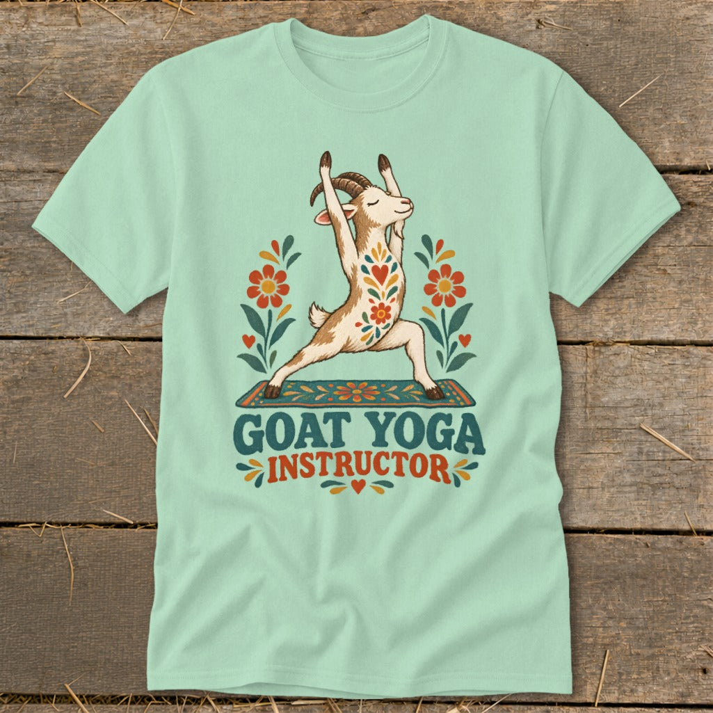 Light green t-shirt featuring a goat in a yoga pose with "Goat Yoga Instructor" text.
