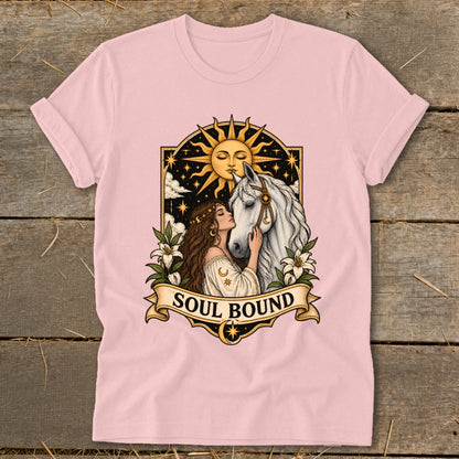 Woman embracing white horse with sun and stars, text "SOUL BOUND" on banner.