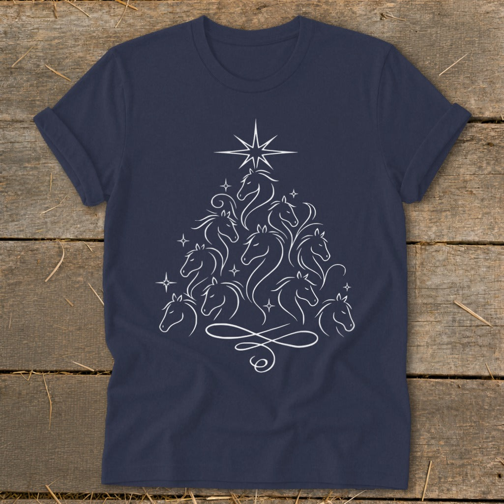 Dark blue t-shirt with a white horse-shaped Christmas tree graphic.