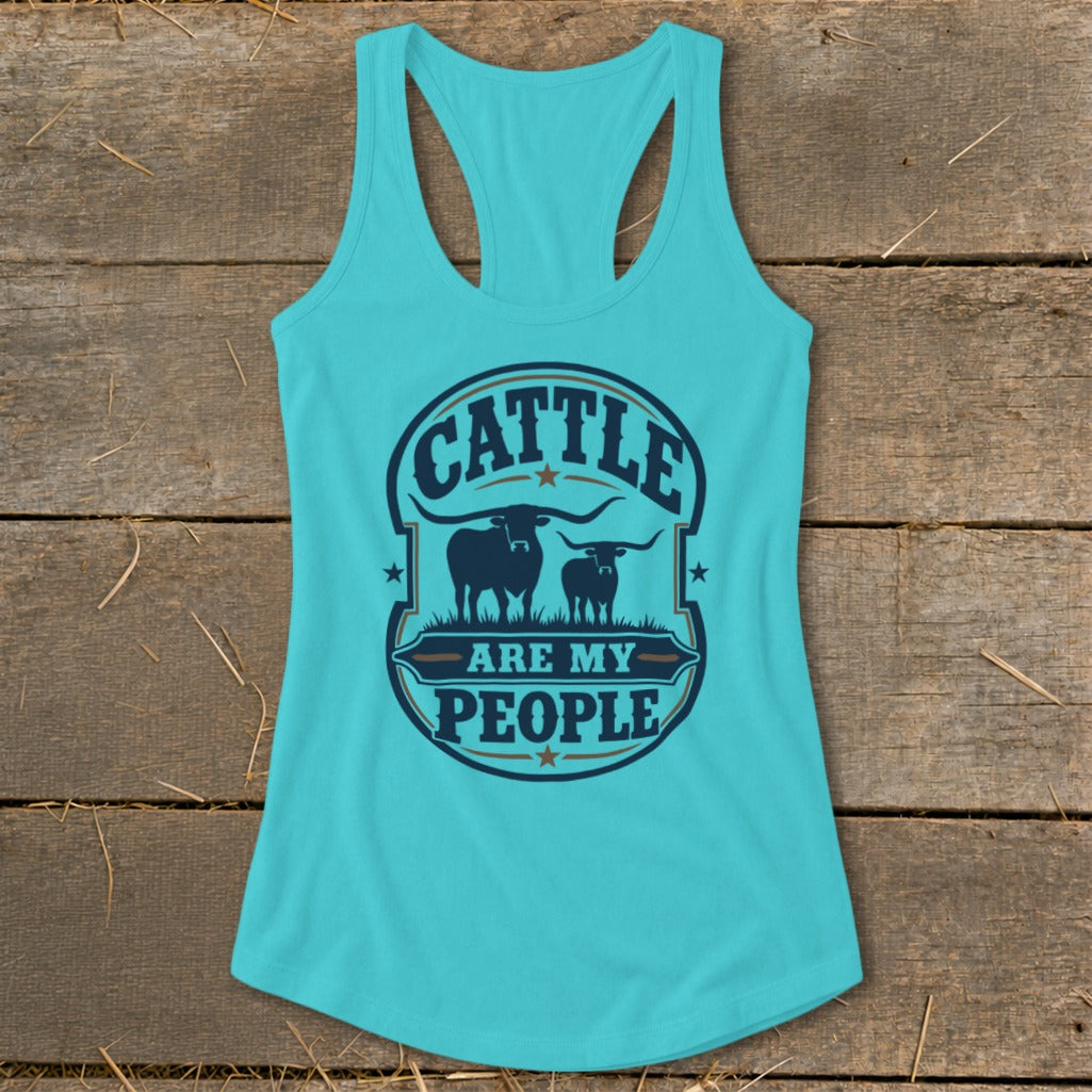 Turquoise tank top with "Cattle Are My People" text and two longhorn cattle graphic.