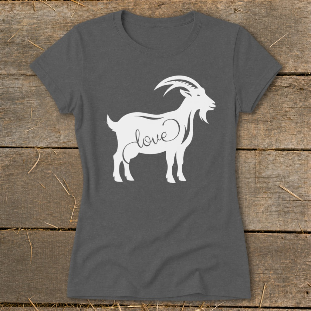 Grey t-shirt with white goat silhouette featuring the word "love" on its side.