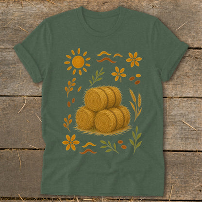 Green t-shirt with a design of hay bales, sun, flowers, and wheat stalks.