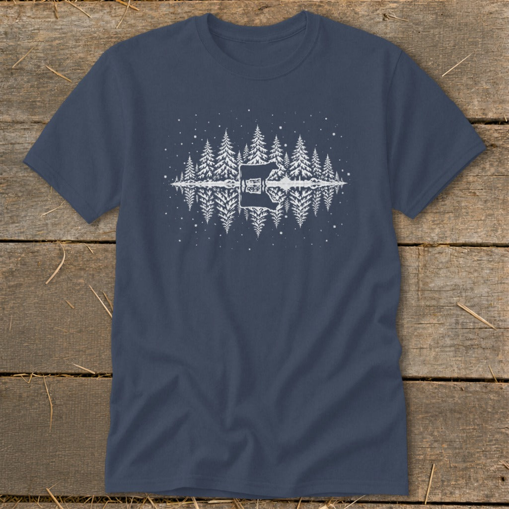 Dark blue t-shirt with a white graphic of a bear reflected in a snowy forest lake.