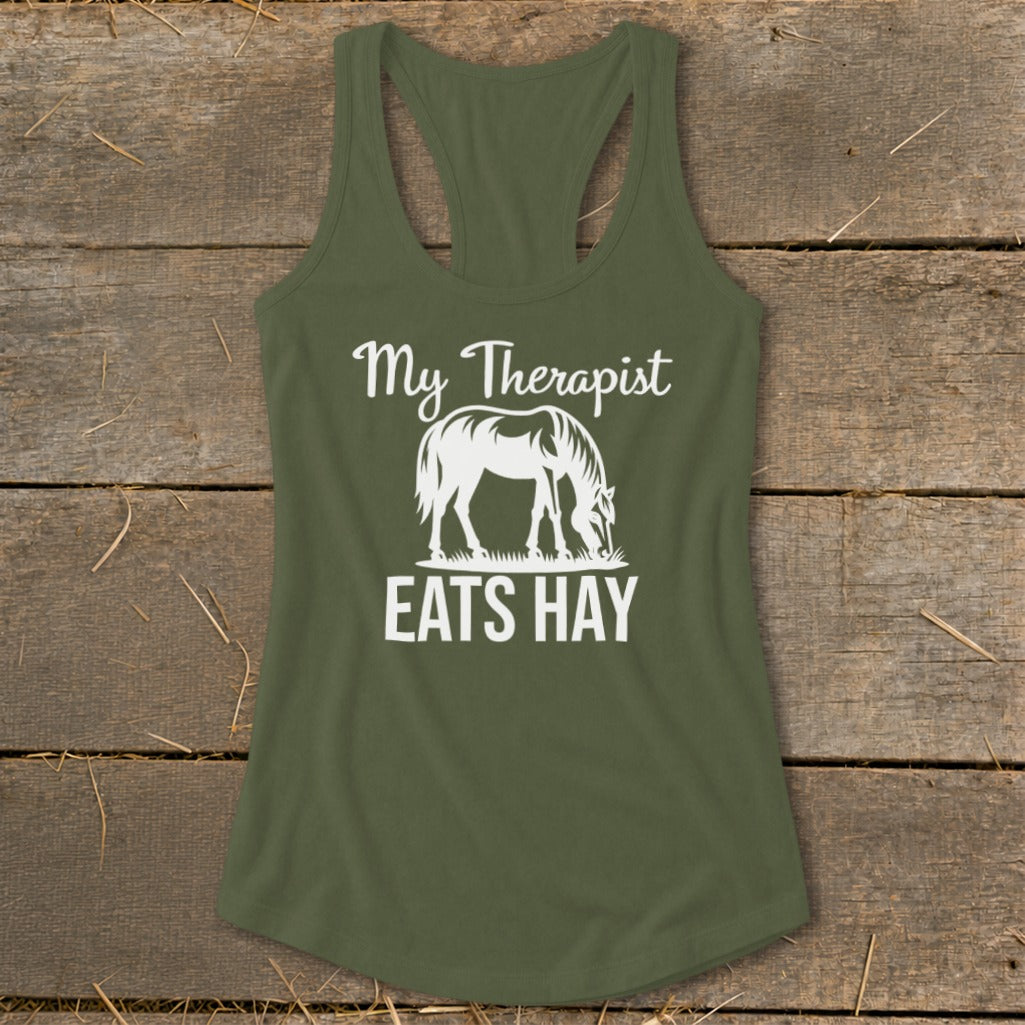 Olive green tank top with white text and horse graphic: "My Therapist EATS HAY".