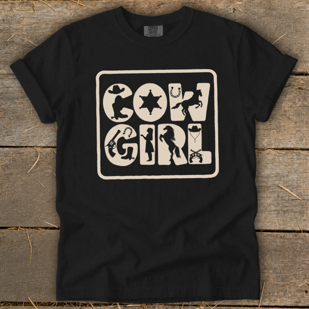 Black t-shirt with cream-colored "Cow Girl" text and Western-themed icons.