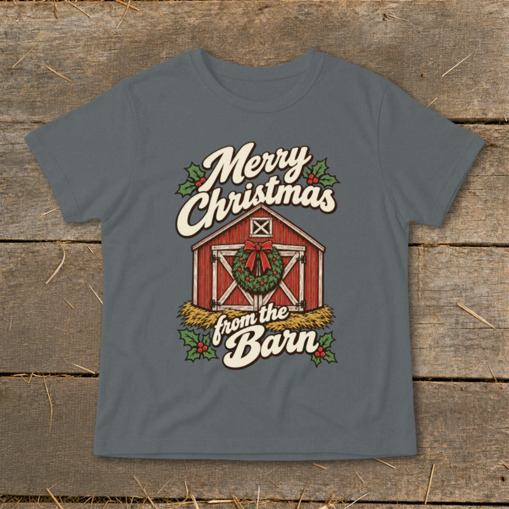 Merry Christmas from the Barn graphic on a grey t-shirt.