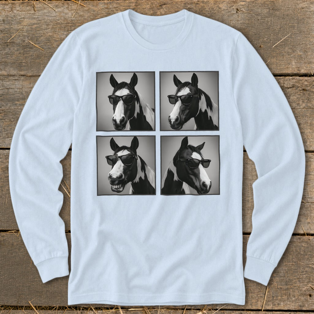 Four black and white images of a horse wearing sunglasses on a light blue long-sleeve shirt.