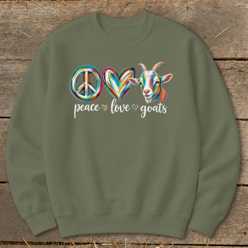 Green sweatshirt with a watercolor-style graphic of peace sign, heart, and goat with text "peace love goats".