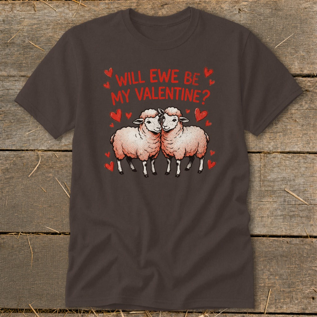 Brown t-shirt with two sheep and text "Will Ewe Be My Valentine?".