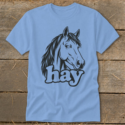 Light blue t-shirt with a black horse head graphic and the word "hay".