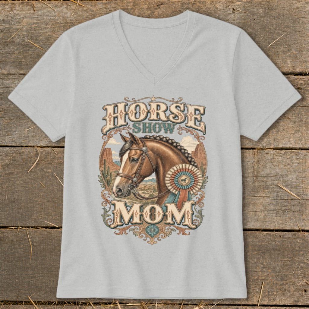 Light gray t-shirt with "Horse Show Mom" text and a horse illustration.