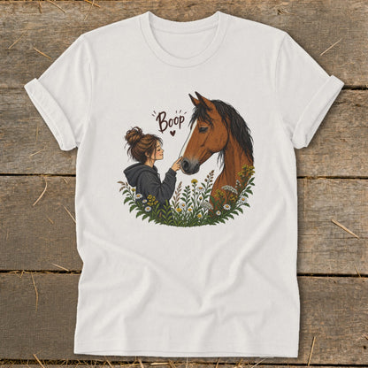 Illustration of girl booping horse nose with flowers and "Boop" text.