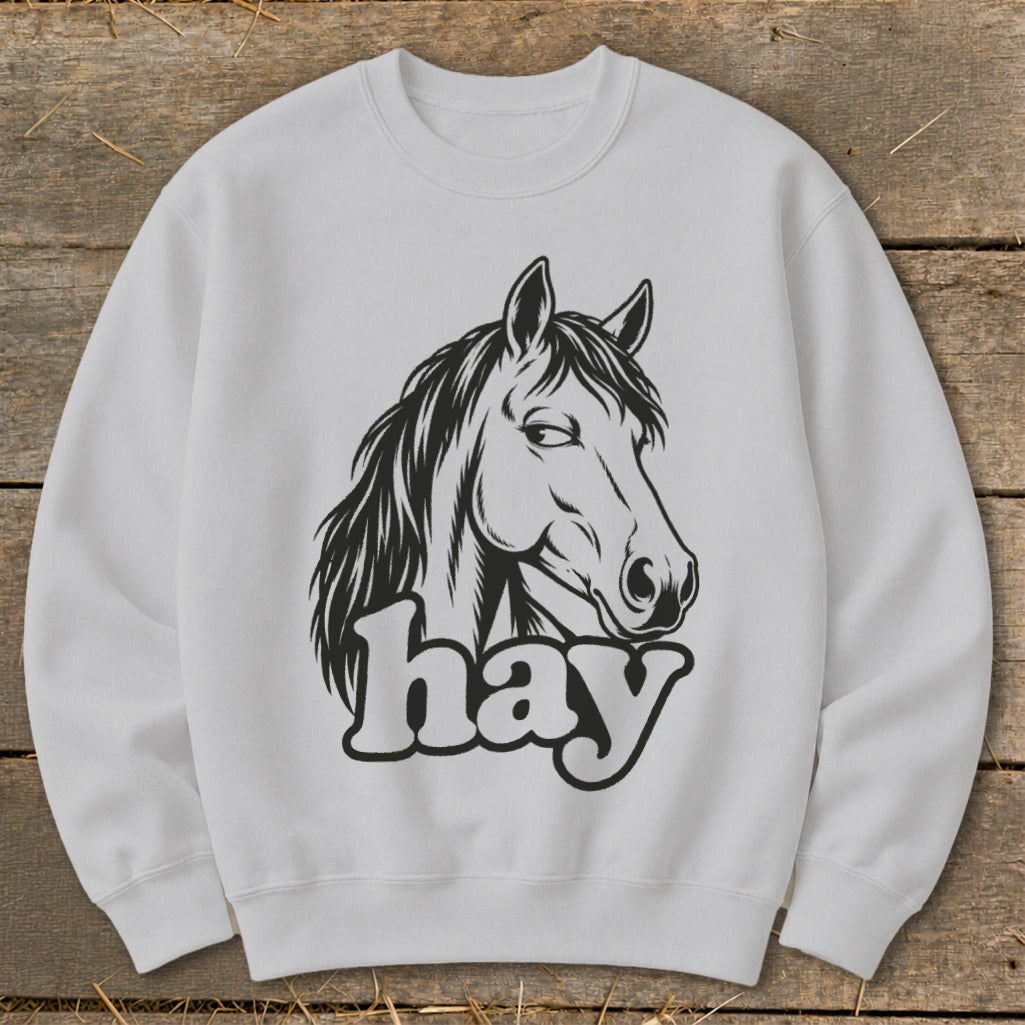 Light gray sweatshirt with a black line drawing of a horse's head and the word "hay."