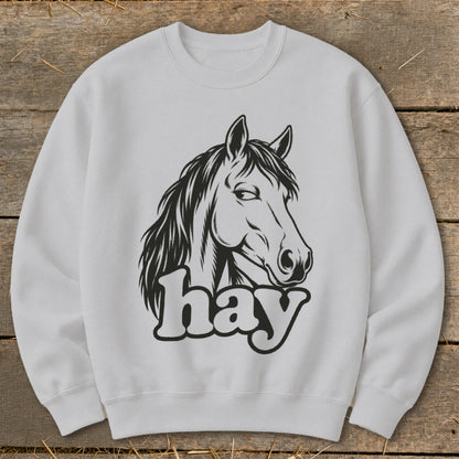 Light gray sweatshirt with a black line drawing of a horse's head and the word "hay."