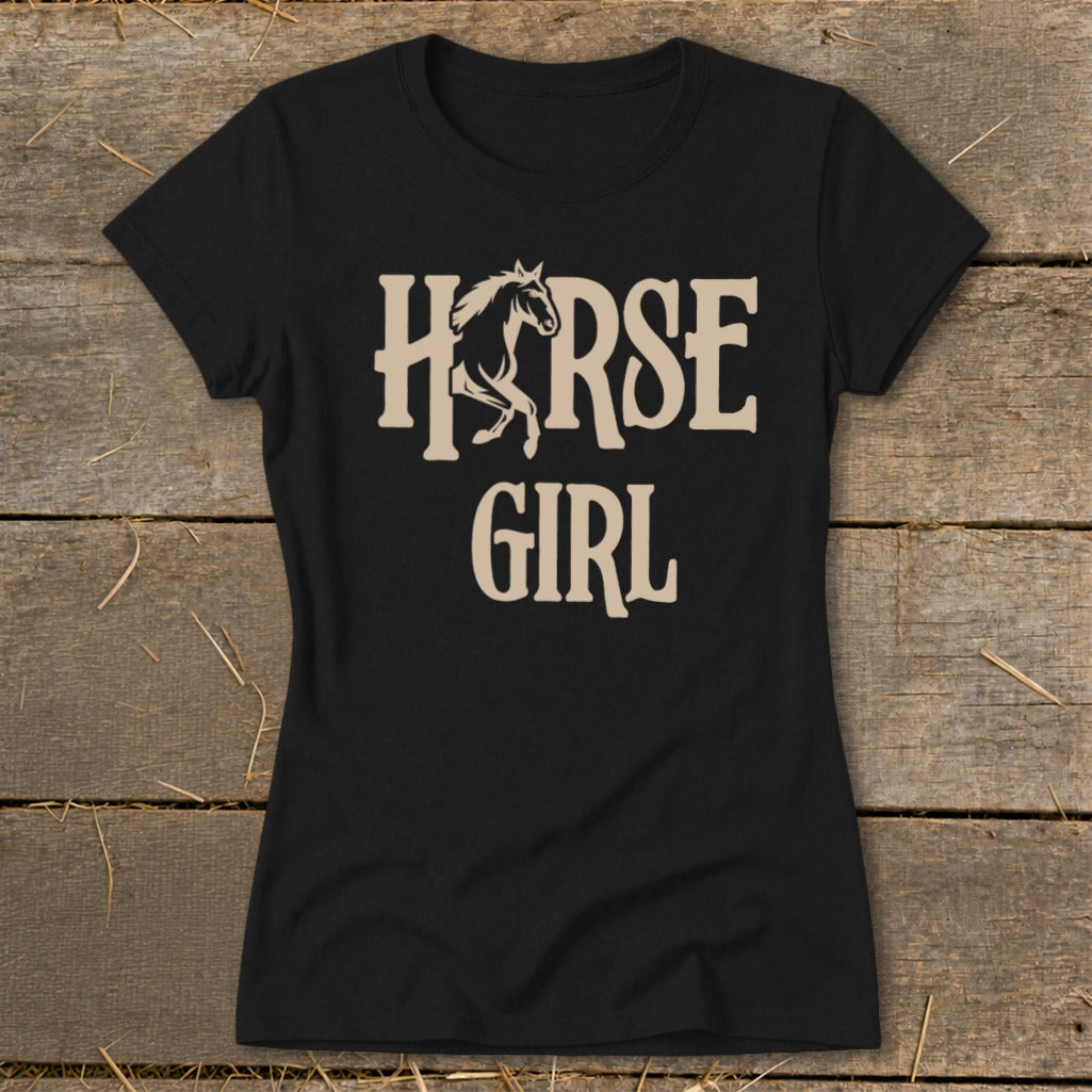 Black t-shirt with tan "HORSE GIRL" text and a horse graphic.