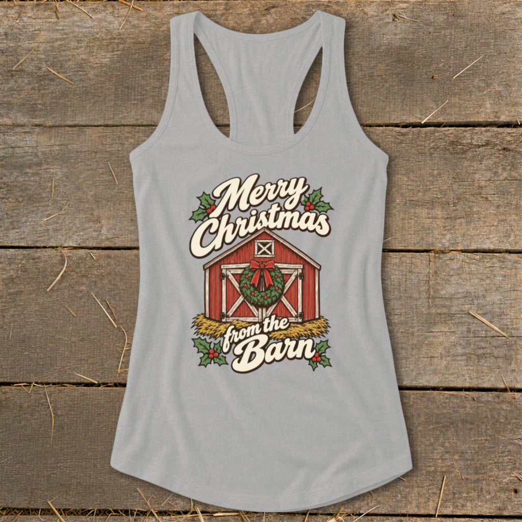 Grey tank top with "Merry Christmas from the Barn" text and a barn illustration.