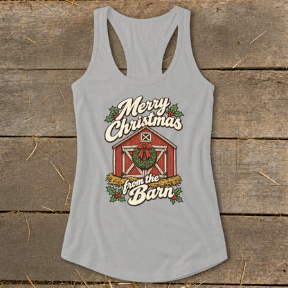 Grey tank top with "Merry Christmas from the Barn" text and a barn illustration.