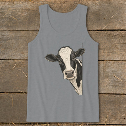 Black and white cow peeking from the side on a gray tank top.