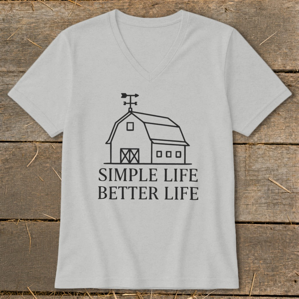 Light gray v-neck shirt with a line drawing of a barn and text "SIMPLE LIFE BETTER LIFE".