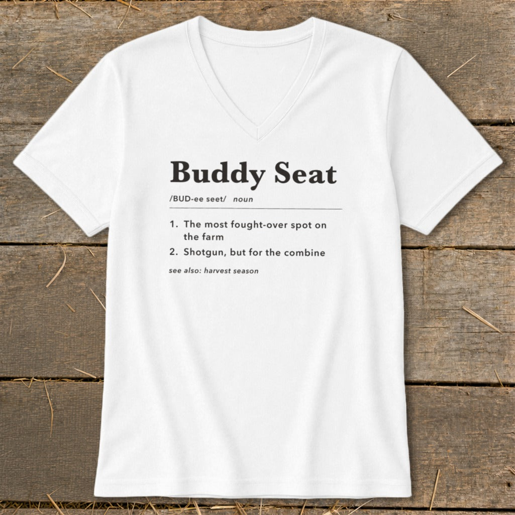 White v-neck t-shirt with "Buddy Seat" definition printed in black text.