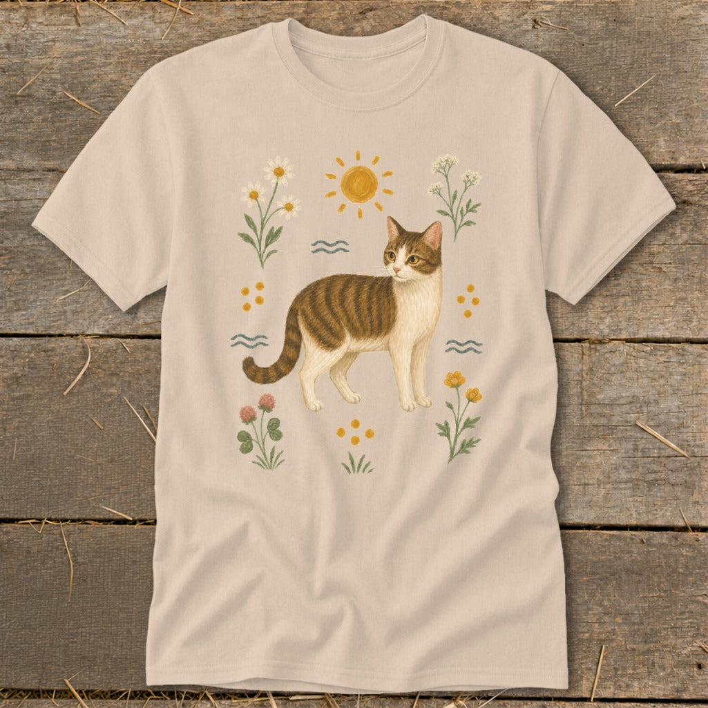 T-shirt featuring a tabby cat illustration surrounded by wildflowers and a sun.