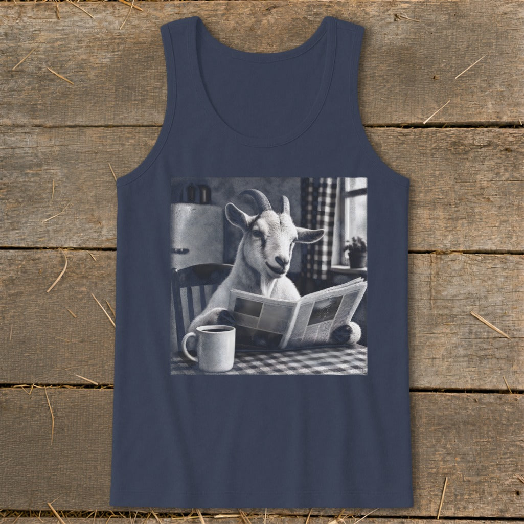 Dark blue tank top featuring a black and white graphic of a goat reading a newspaper.