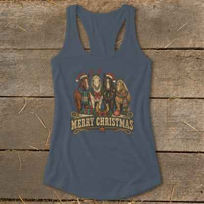Four horses in festive Christmas attire with "Merry Christmas" text.