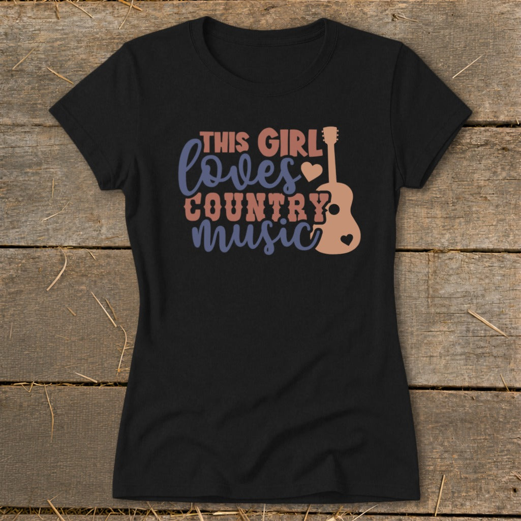 Black t-shirt with "This girl loves country music" and guitar graphic.