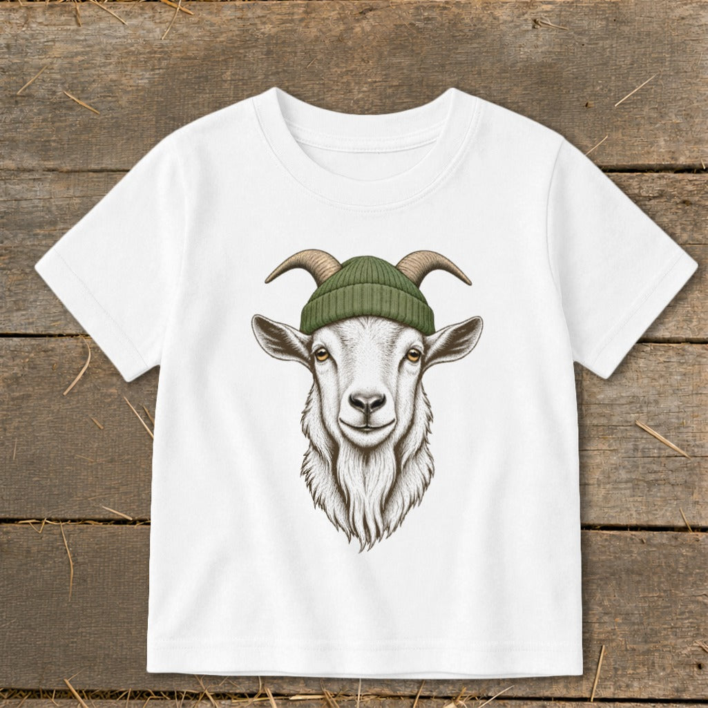 White t-shirt with a graphic of a goat wearing a green beanie.
