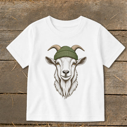 White t-shirt with a graphic of a goat wearing a green beanie.