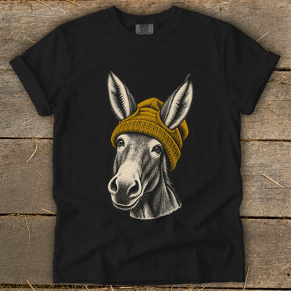 Black t-shirt with a detailed sketch of a donkey wearing a yellow beanie.