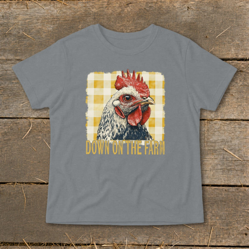 Grey t-shirt with a drawing of a chicken and the text "DOWN ON THE FARM".