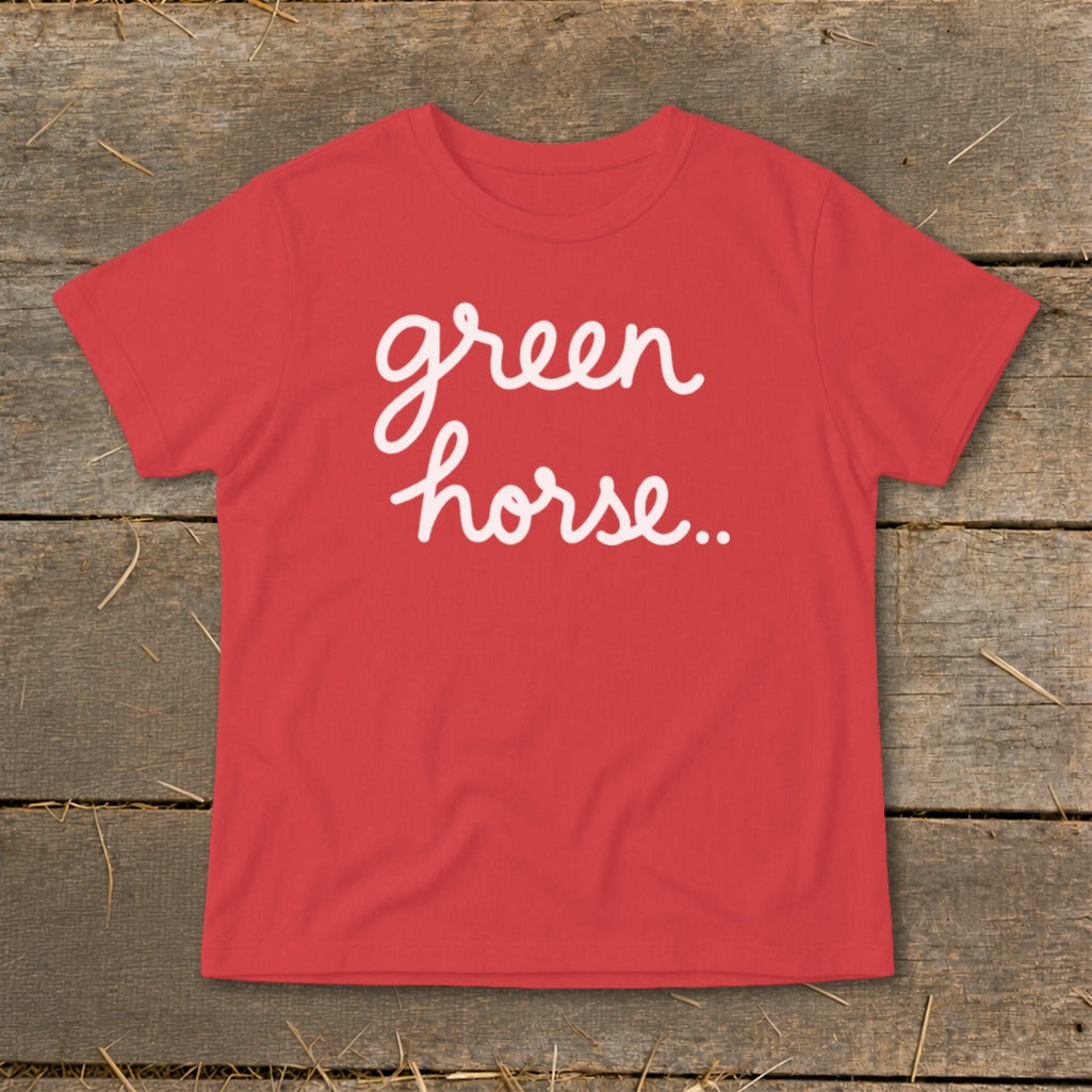 Red t-shirt with white cursive text reading "green horse.."