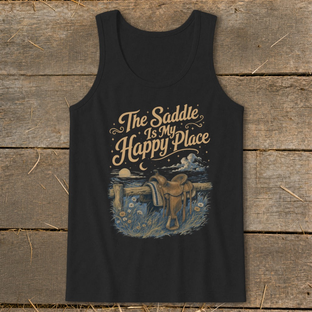 Black tank top with text "The Saddle Is My Happy Place" and cowboy saddle graphic.