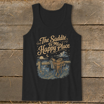 Black tank top with text "The Saddle Is My Happy Place" and cowboy saddle graphic.