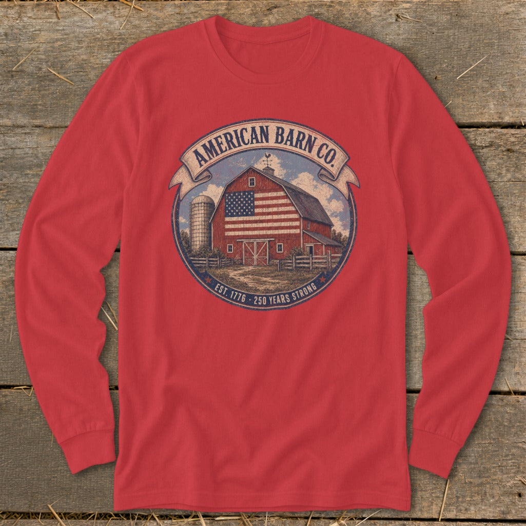 Red long-sleeve shirt with "American Barn Co. Est. 1776 - 250 Years Strong" graphic.